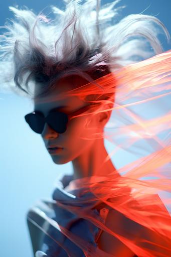 tracer, light leak, hair flowing on a post punk alien model, wind blown time-lapse motion blur --ar 2:3