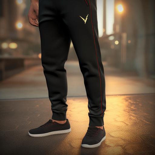 tracksuit pants with a small thunder logo on the right topside. elegant realistic for a brand.