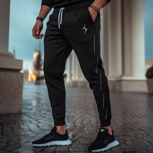 tracksuit pants with a small thunder logo on the right topside. elegant realistic for a brand.