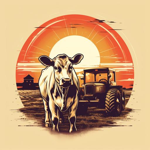 tractor next to a cow, rounded t-shirt design, white background, outline, retro sunset - @Ev (fast)
