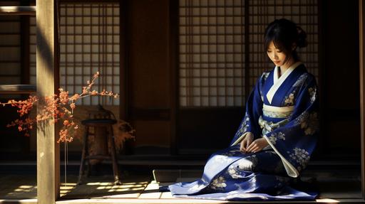 traditional Japanese house, door, photographed, outside, unconventional, beautiful smiling young, blue summer kimono, sitting, tatami, dreamy, carillon bells and whistles, legs, tabletop --ar 16:9