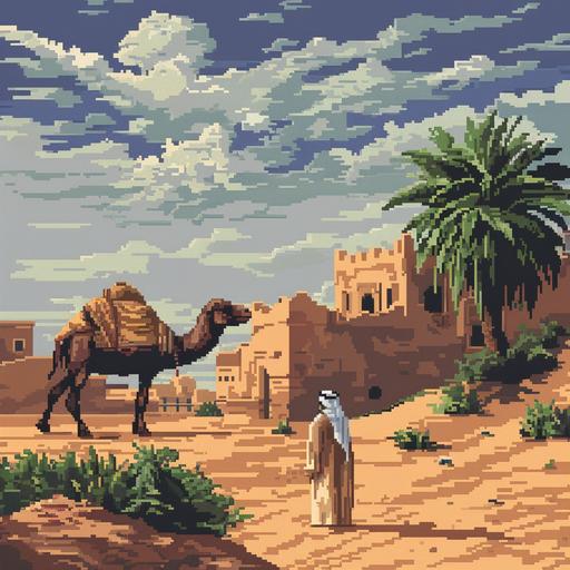 traditional saudi culuture , desert , pixel art style , 8 - bit style