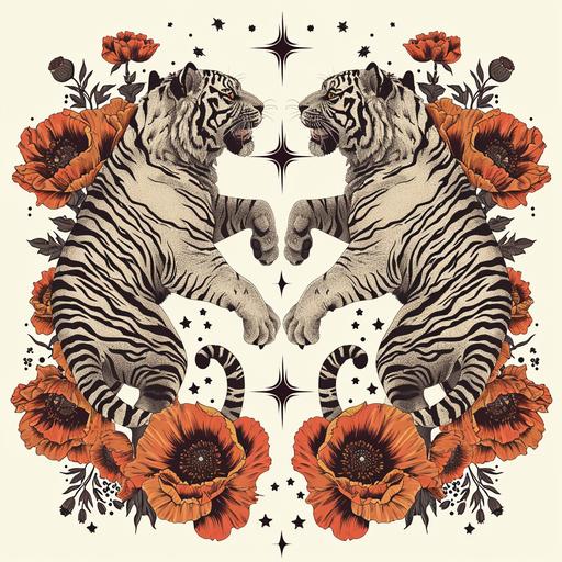 traditional tattoo style Japanese mirrored tigers FULL BODIES OF THE TIGERS facing each other, full bodies outstretched and prowling, with poppy flowers behind them, ornate tattoo style stars decorating the canvas, white background, minimal shading, vintage style, antique, earthy organic color palette, ornate, grit overlay, large reddish orange poppy flowers, traditional tattoo design --v 6.0