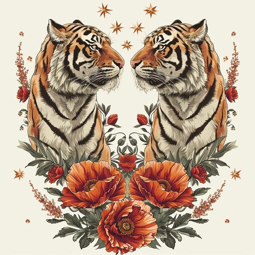 traditional tattoo style Japanese mirrored tigers facing each other full bodies outstretched and prowling, with poppy flowers behind them, ornate tattoo style stars decorating the canvas, white background, traditional Japanese tattoo design, tee shirt design, feminine, minimal shading, vintage, antique, earthy organic color palette, ornate --v 6.0