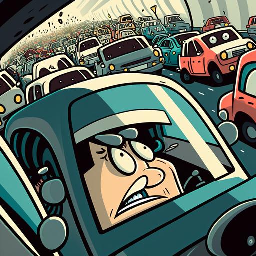 traffic jam pov in the car by using cartoon style