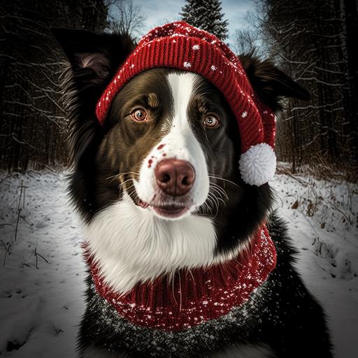 trail cam photo of boarder collie with brown-eyes wearing red-white-sequined-Christmas-sweater-turtleneck, and pom-pom-toque in the snow --v 4