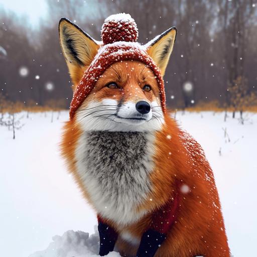 trail cam photo of fox wearing red-white-sequined-Christmas-sweater-turtleneck, and pom-pom-toque in the snow --v 4