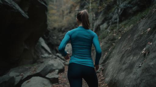 trail runner in teal tight elastic t-shirt and leggings base layer back shot dramatic taken on a Canon EOS R5 F1. 2 ISO100 35MM real photography --ar 16:9 --v 5