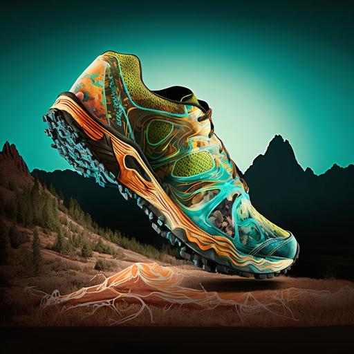 trail running shoes, mountain, commercial photo, organic inspired