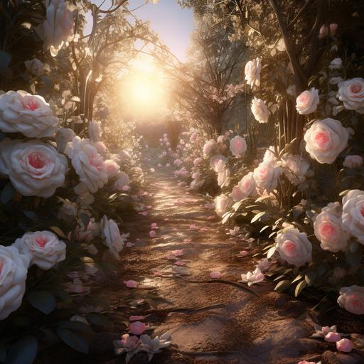 trail with white and pink roses,realistic, cinematic lighting, photo, high detail