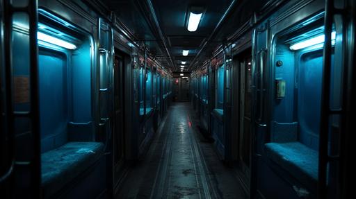 train car with blue door window panels, train has metal paneling along the long corridor, narow coridor, steampunk style enviroment with hints of sci fi, dark, cluttered, cozy, cold light, fluorescent light, movie shot, --v 5.2 --ar 16:9