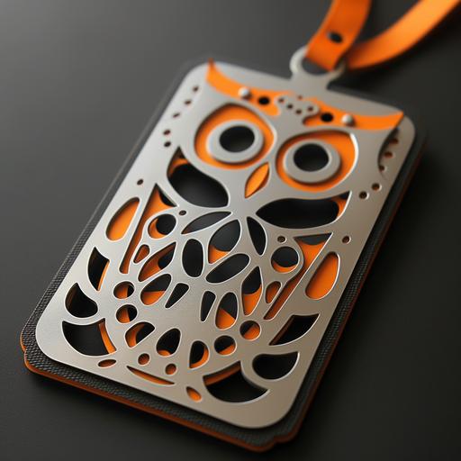 trait luggage tag 1, in the style of tasteful use of negative space, silver and orange, made of cardboard, delicate paper cutouts, horned owl logo, traumacore, innovative page design, cut-out silhouettes, eye-catching tags --v 6.0 --s 250