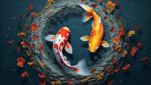 trans-Neptunian:: yin yang, two koi fish in a zen garden pool:: top-view close-up shot photography --ar 16:9 --s 800 --q 5