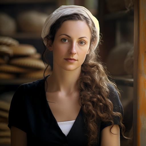 transform her into a baker with a bakers hat on her head working in a bakery,portrait, flour,work,portrait,shelves with bread in the background,white dress, keep original face