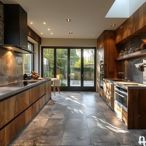 transform the kitchen, modern style, dark wood Color. Glass door and small window on the back wall as attached. Wide grey tiled floor --v 6.0 --s 750