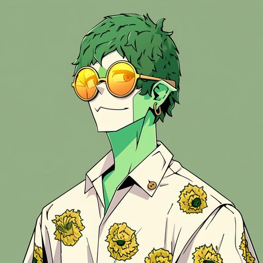 transforme cet nft en ANIME VILLAIN, pfp style, conserve ses traits initiaux, singe-homme, lunettes fleur tournesol, peau verte, machiavélique, background de jungle, t-shirt polo blanc, sourire coquin --niji 5