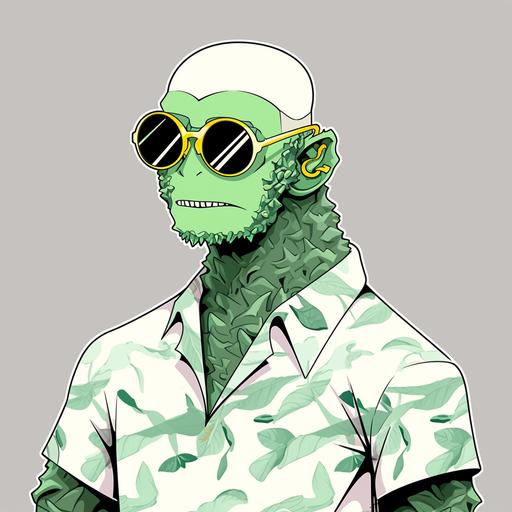 transforme cet nft en ANIME VILLAIN, pfp style, conserve ses traits initiaux, singe-homme, lunettes fleur tournesol, peau verte, machiavélique, background de jungle, t-shirt polo blanc, sourire coquin --niji 5