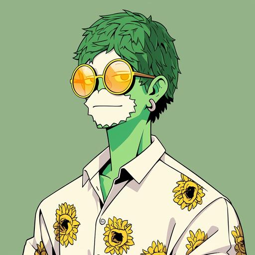 transforme cet nft en ANIME VILLAIN, pfp style, conserve ses traits initiaux, singe-homme, lunettes fleur tournesol, peau verte, machiavélique, background de jungle, t-shirt polo blanc, sourire coquin --niji 5