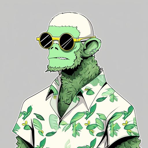 transforme cet nft en ANIME VILLAIN, pfp style, conserve ses traits initiaux, singe-homme, lunettes fleur tournesol, peau verte, machiavélique, background de jungle, t-shirt polo blanc, sourire coquin --niji 5