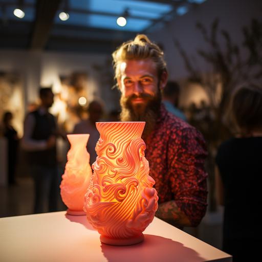 translucent 3d printed vase with a face, workshop, photography of the year, man with a manbun dof in background, vase on side, heat treated, evening lit --s 250