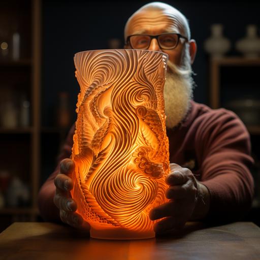 translucent 3d printed vase, workshop, photography of the year, bald man with beard and glasses in background, vase on side, heat treated, evening lit --s 250