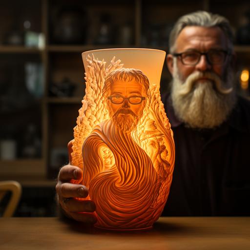 translucent 3d printed vase, workshop, photography of the year, bald man with beard and glasses in background, vase on side, heat treated, evening lit --s 250