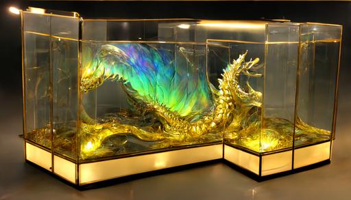 translucent crystal glass singular dragon scale with aurora inside, in a glass display case with multicolor intense glowing lights, museum display case, elegant classy gold trim, gold border case, luminescent, hyperrealistic render, close-up view of crystal dragon scale with aurora sparkling starlight, 3DS Max Octane Render Unreal Engine 5, 4k, 8k, hyperrealistic 3D Render --ar 16:9
