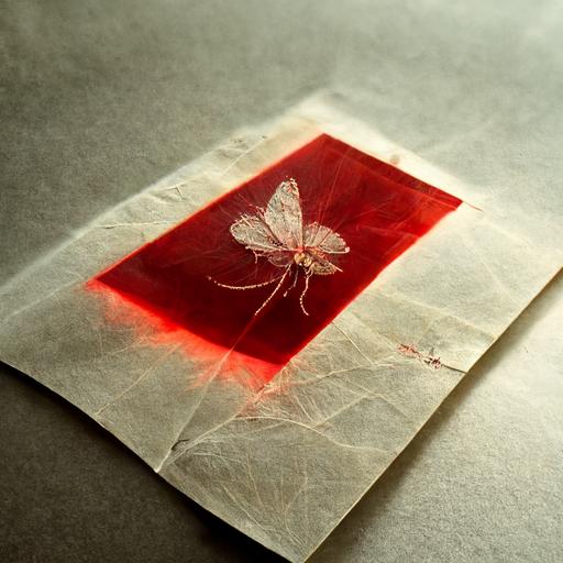 transparent paper envelope, light passes through, there are detailed mosquitoes inside envelope, red ink stain soaking in paper, highly detailed, high key photography