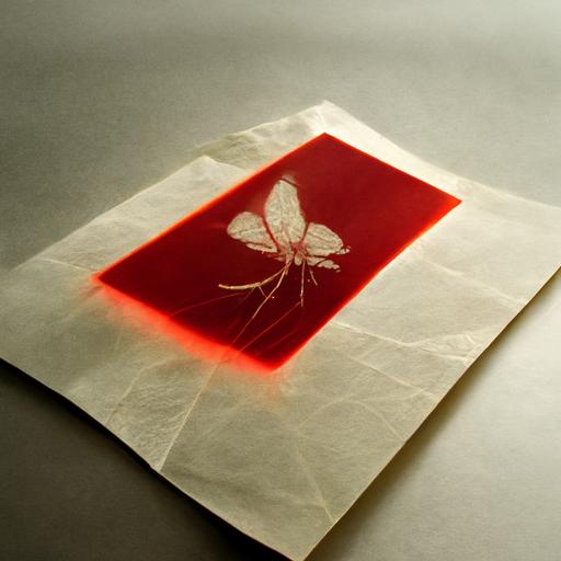 transparent paper envelope, light passes through, there are detailed mosquitoes inside envelope, red ink stain soaking in paper, highly detailed, high key photography --uplight