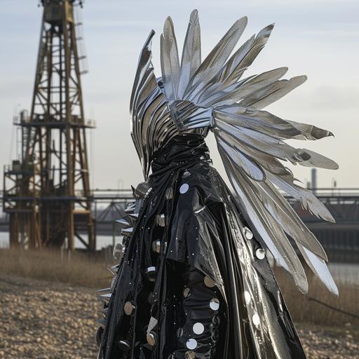 transparent salt crystal bird feather cape designed by Zaha Hadid, headpiece majesty pavilion muscle fitness posing against geodesic oil rig --v 6.0 --s 250
