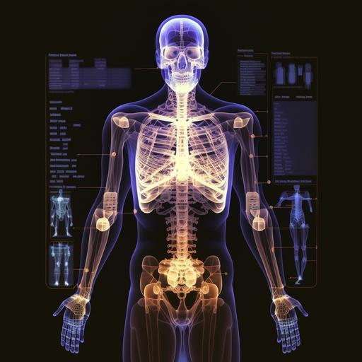 transparent x ray human body with numbers, charts, data sets around