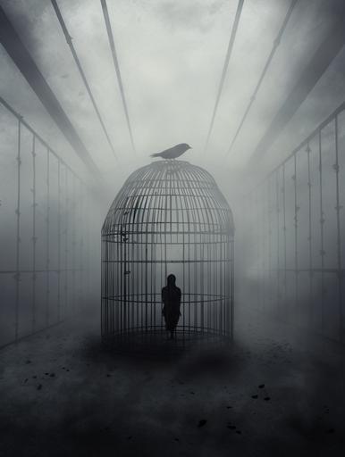trapped in a mental birdcage, dark, depressing, void background with fog, crow --ar 3:4