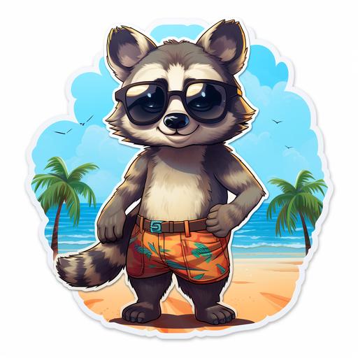 trash panda on the beach. Wearing swim trunks. Summer themed. Sticker style.