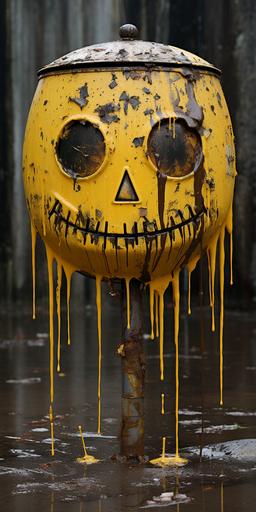trash polka smiley face painted on sidewalk with paint in the liquid, in the style of welded sculptures, yellow, figurative distortions, poured resin, suspended/hanging, minimalist still lifes, metallic rotation --ar 1:2 --q 2 --s 250