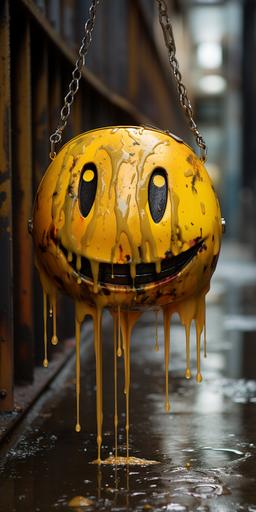 trash polka smiley face painted on sidewalk with paint in the liquid, in the style of welded sculptures, yellow, figurative distortions, poured resin, suspended/hanging, minimalist still lifes, metallic rotation --ar 1:2 --q 2 --s 250