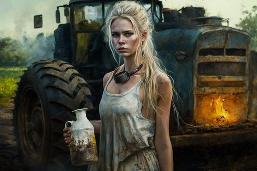 trashy blonde white girl wearing ripped potato sack dress holding a jug of heartcore moonshine standing on dirt road tractor on fire in the background, oil on canvas --ar 3:2 --q 2 --s 250