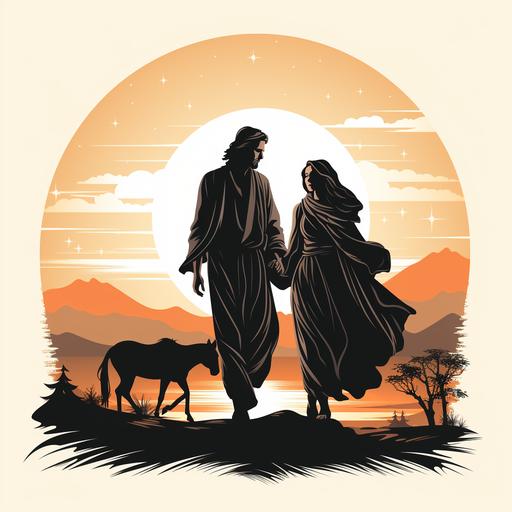 draw mary and joseph entering bethlehem on a donkey, mary is pregnant, silhouette in a simple minimlistic black and white woodcut style , clipart, white background --s 750