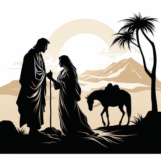 draw mary and joseph entering bethlehem on a donkey, mary is pregnant, silhouette in a simple minimlistic black and white woodcut style , clipart, white background --s 750