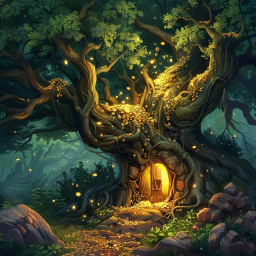 treasure lay hidden beneath the branches of an ancient tree, cartoon, 4k