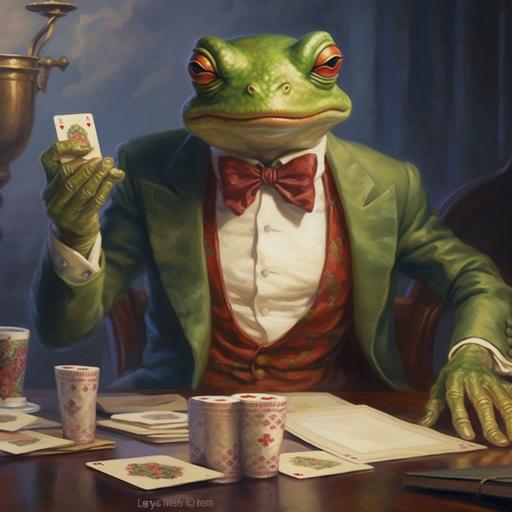 tree frog playing cards, mafia frog, pump frog, drinking frog, oil painting --v 5.1