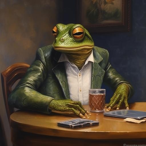 tree frog playing cards, mafia frog, pump frog, drinking frog, oil painting --v 5.1