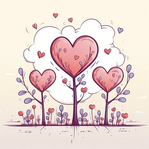 tree growing hearts, line illustration, cartoon, webtoon style