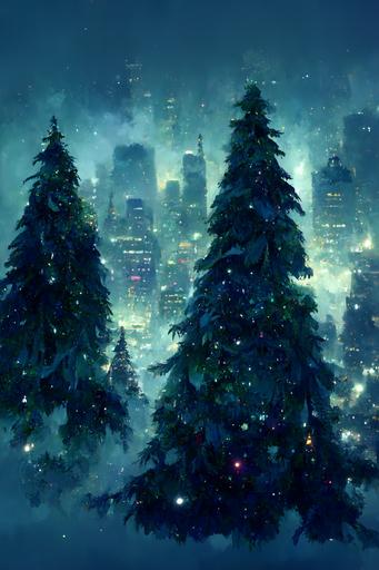 Christmas trees, snow, Christmas garland from above against the background of an urban snow-covered landscape, night city, night forest in a snowstorm, puppet cartoon, 8k, --ar 2:3