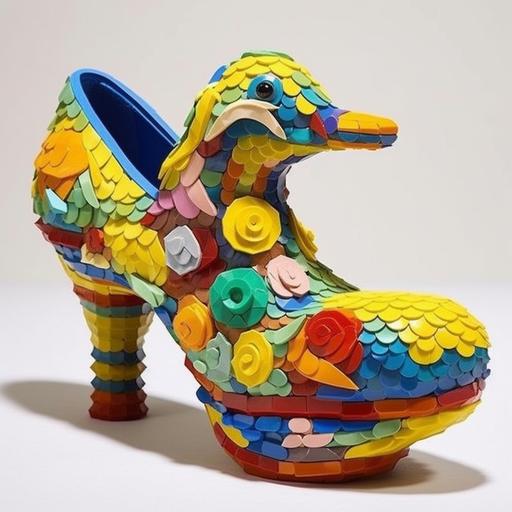 trendy rubber duck high heel shoes. Extremely elaborate 3d shoe design. Miniature rubber duck statue inside the heel. very colourful and complicated, intricate designs. multimedia. uncomfortable and impractical to wear. ridiculous art installation at MOMA --v 5.1 --s 750