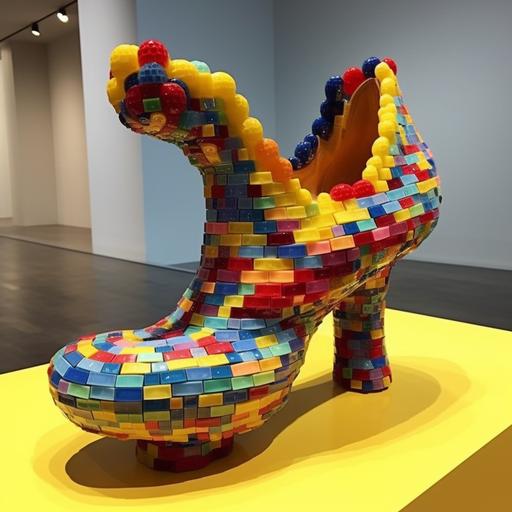 trendy rubber duck high heel shoes. Extremely elaborate 3d shoe design. Miniature rubber duck statue inside the heel. very colourful and complicated, intricate designs. different varied materials such as chiffon, wood, paint, gel. uncomfortable and impractical to wear. ridiculous art installation at MOMA --v 5.1 --s 750
