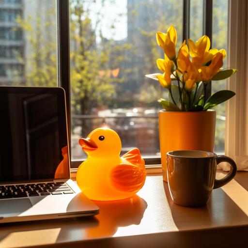 trendy rubber duck in orange sitting next to laptop on home office desk, little lamp, coffe mug, monstera pot plant, window to city in sunlight