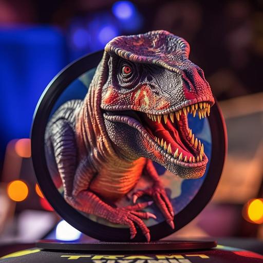 trex dinosaur trading cards 3d ultra realistic glow edges with a vinyl record and diamonds as its eyeballs --s 750