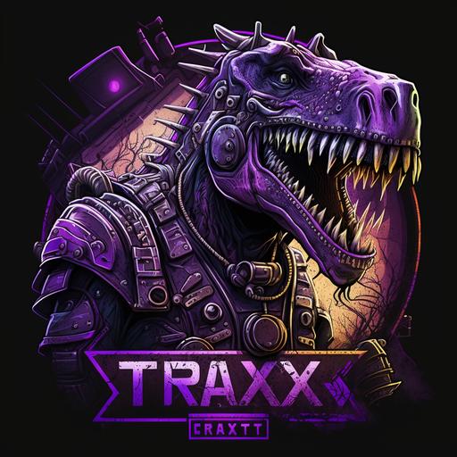 trex dj logo with the words TRAX cyberpunk robot mohawk purple bright ultra realistic