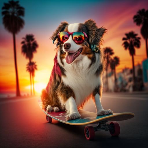 tri color australian shepherd dog, skateboarding, wearing glasses, happy, red fur, only 4 wheels, palm trees and sea background, sunset,