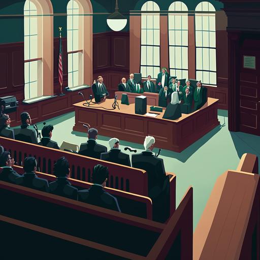 trial in court, with judges, policemen, defendants:: cartoon::1 1980s::1 --v 4 --quality 2 --chaos 80